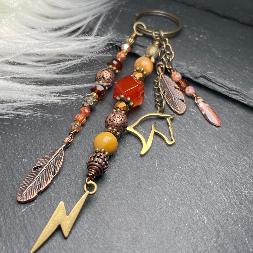 Desert Storm Carnelian, Tigers Eye & Jasper | Horse Feather Keychain Charm - Picture 9 of 11
